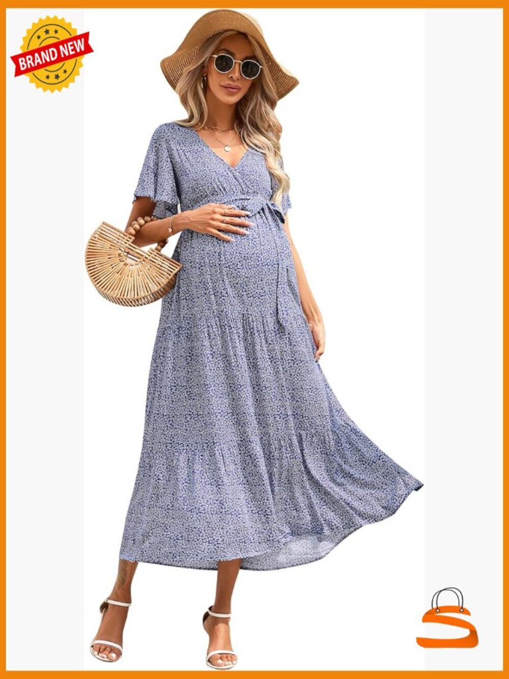 Maternity Maxi Dress V-Neck Puff Sleeve Pleated Baby Shower Dress